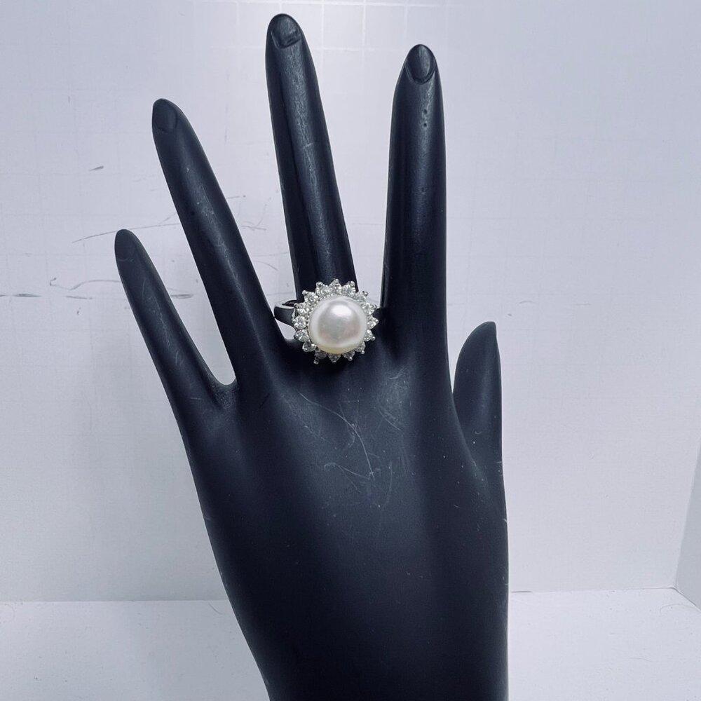 Silver Tone Faux Pearl & Clear Rhinestone Adjustable Statement Ring (R449)
